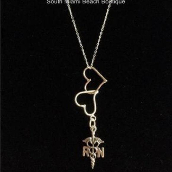 Sterling Silver Nursing RN Caduceus Necklace Heart Medical Graduation Gift 18" - Picture 3 of 9